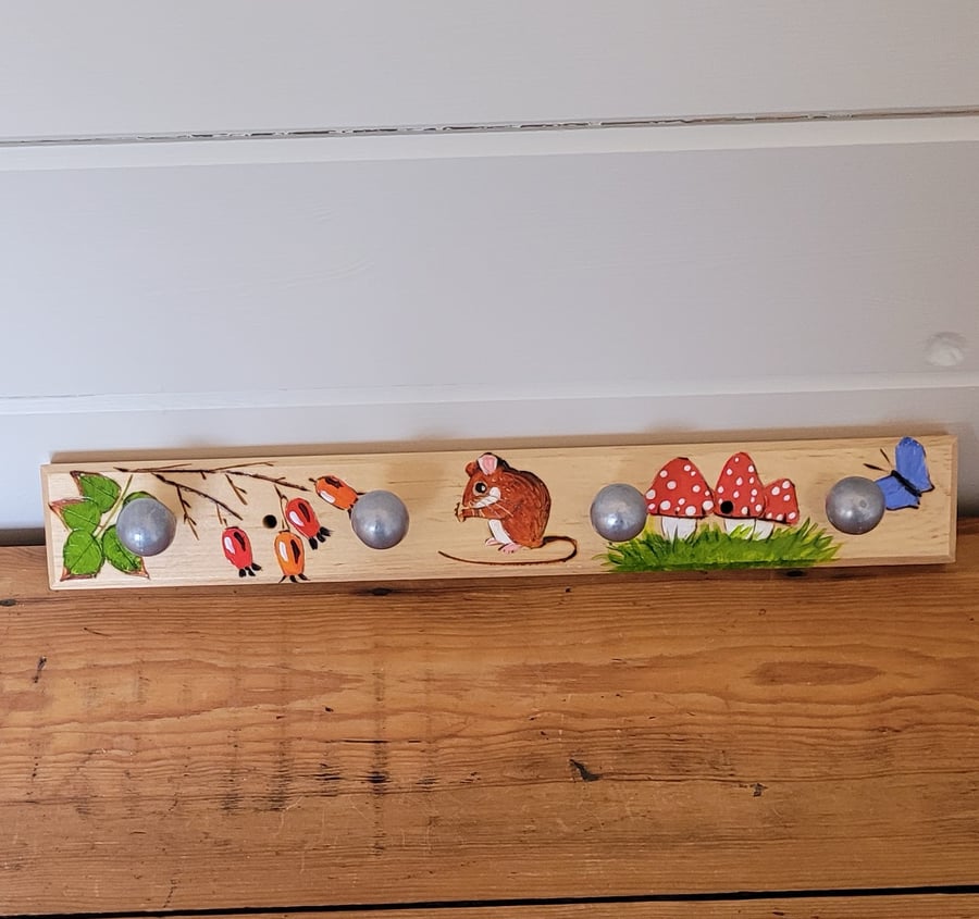 Wooden Coat Hooks Decorated With A Mouse