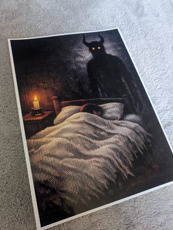 Knitted Scene of Sleep Paralysis Demon, A4 photo print 