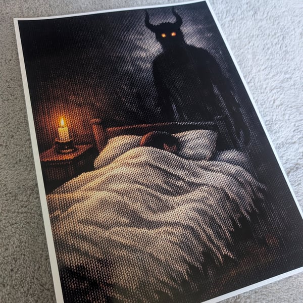 Knitted Scene of Sleep Paralysis Demon, A4 photo print 