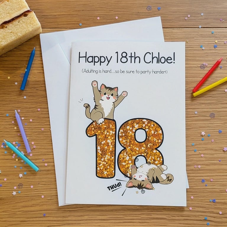Sassy Cat 18th Birthday Card, Glitter Age Milestone, A5 Digital Illustration