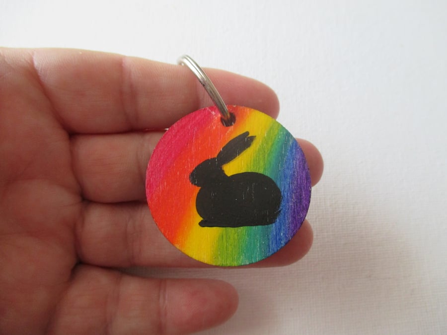 Bunny Rabbit Rainbow Bridge Pet Memorial Wooden Keyring Hand Painted Key Ring