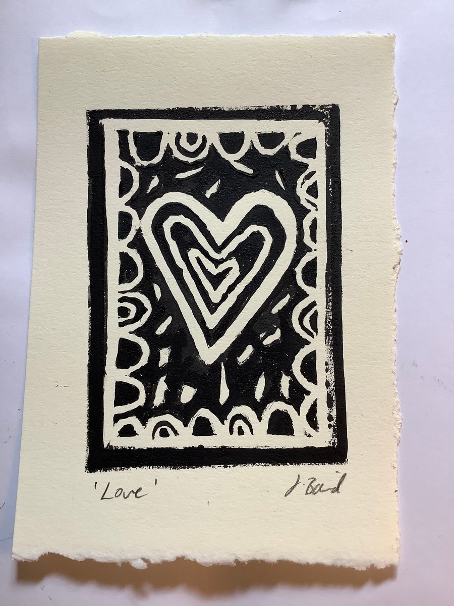 Love. Heart lino print. Black and white. Wedding gift. 