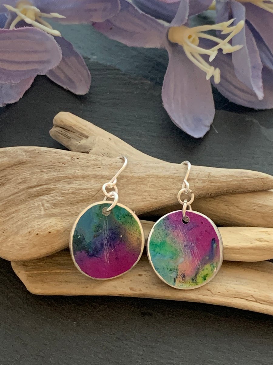 Printed Aluminium and sterling silver earrings - Turquoise, purple, lime rainbow