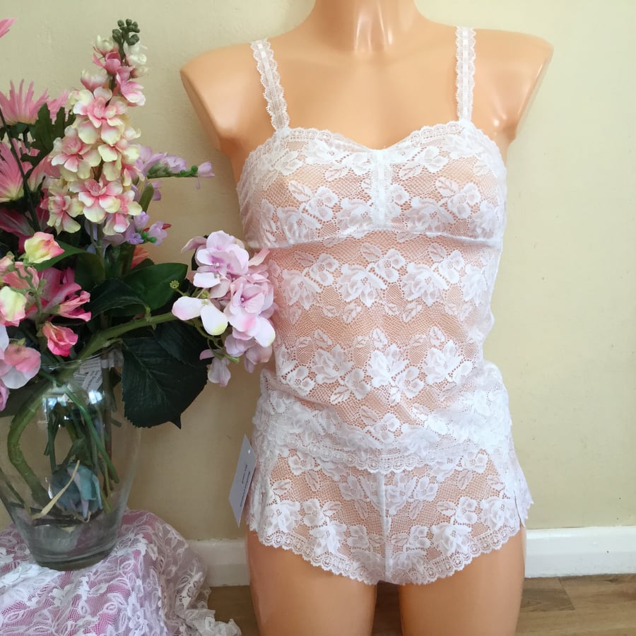 Bandeau style camisole and shorts set in Ivory soft stretch lace by Fidditch 
