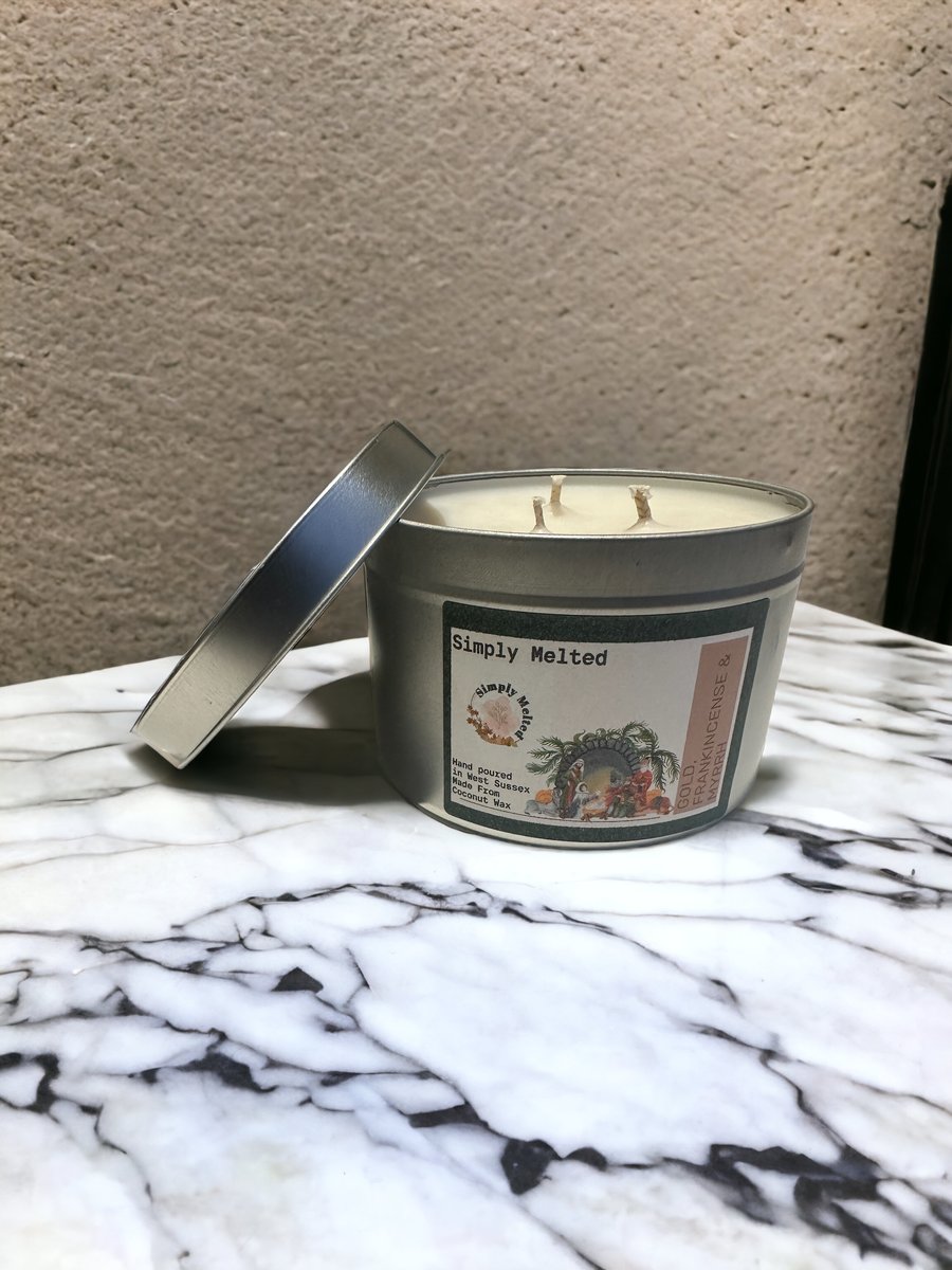 Gold Frankincense Myrrh Christmas Scented 3 Wick Candle 
