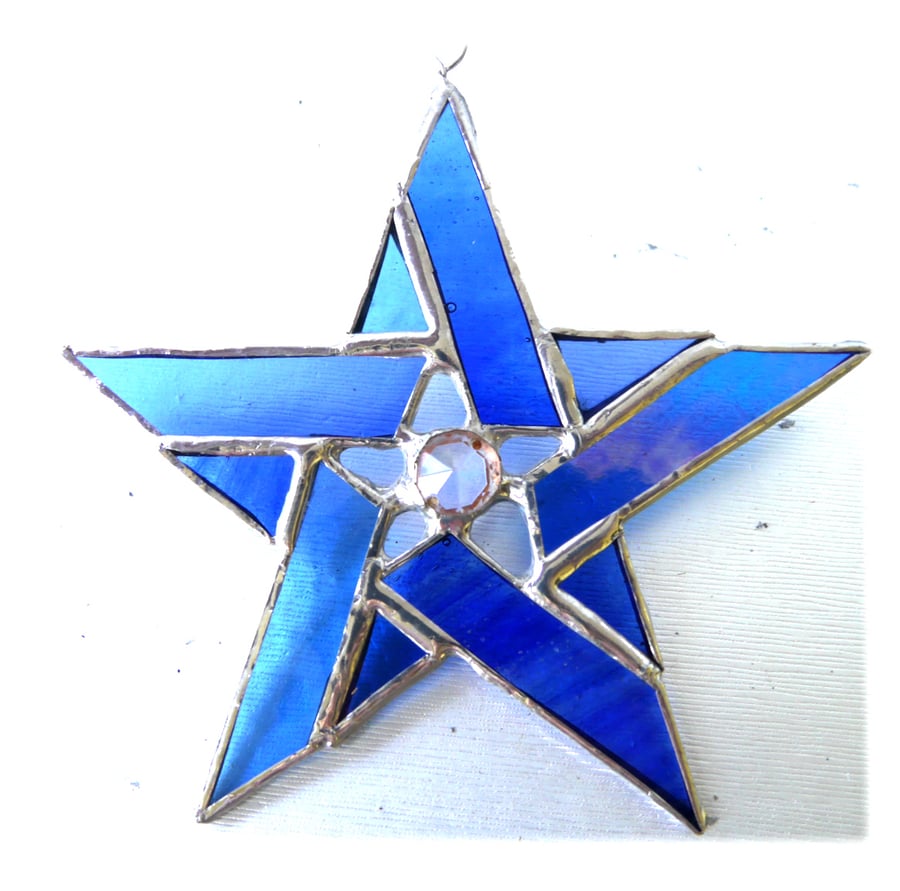 Pentagram Crystal Star Suncatcher Stained Glass Blue 002