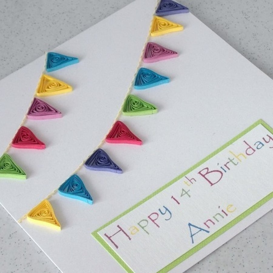 Quilled bunting birthday card, personalised with name and age, paper quilling, handmade greeting