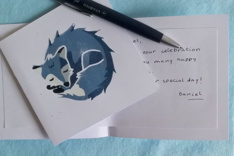 Navy Sleeping Fox – Original Handmade Lino Print – Folded Card