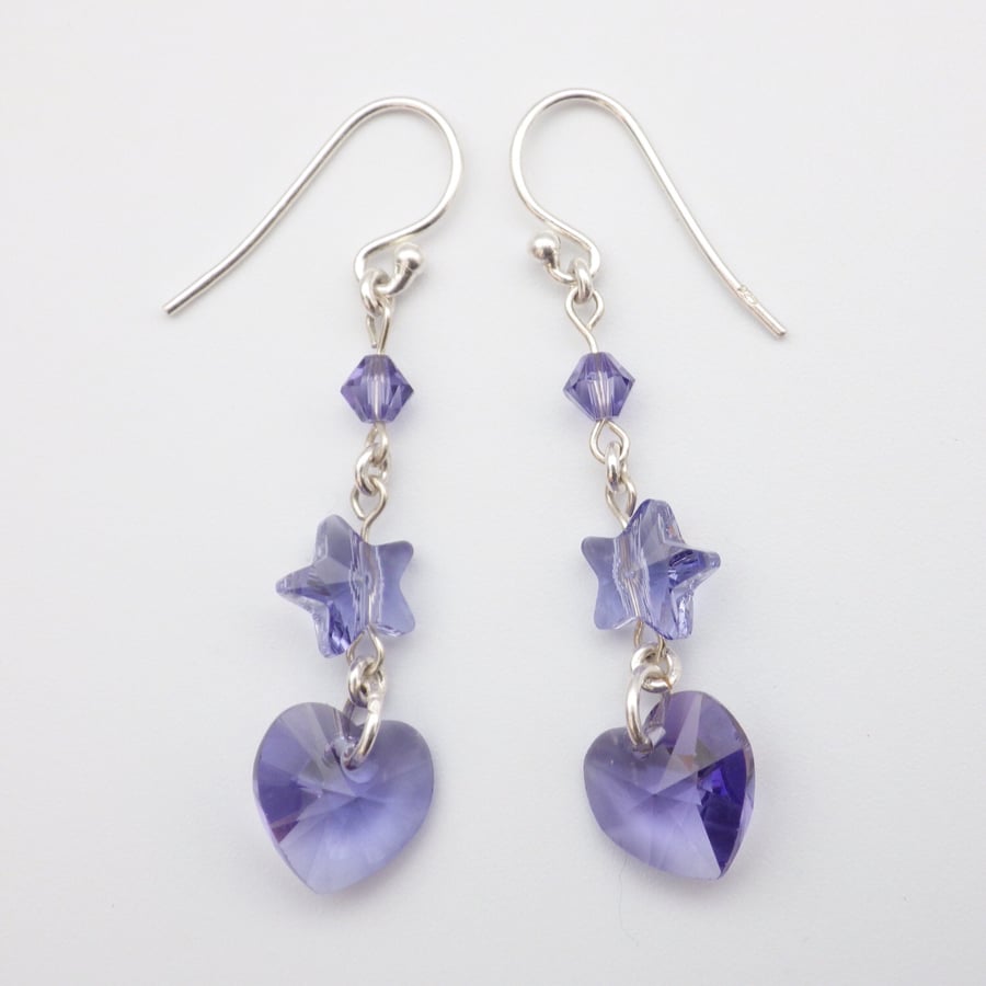 Tanzanite shade purple Swarovski bicone, heart and star bead earrings