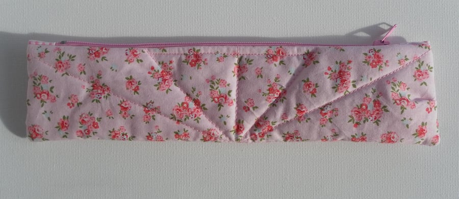 Pencil Case, Make Up Bag, red and pink roses in clusters on a pink background