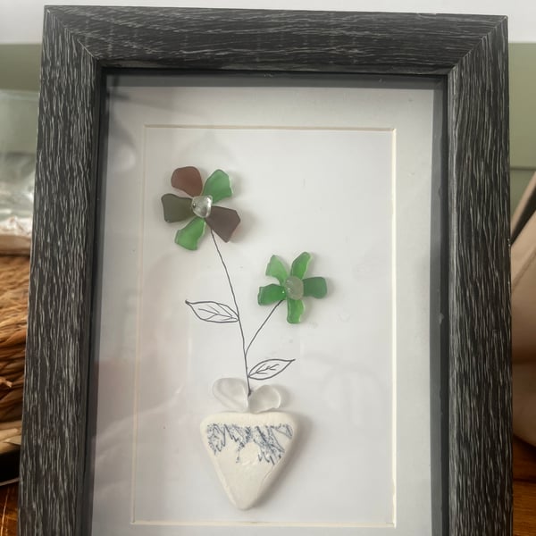 Sea glass art, flower design, handmade 