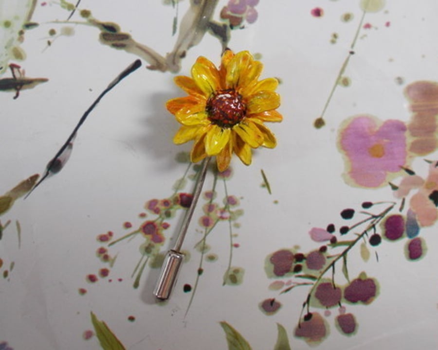 Yellow SUNFLOWER PIN Yellow Daisy Wedding Lapel Sunflower Brooch HAND PAINTED