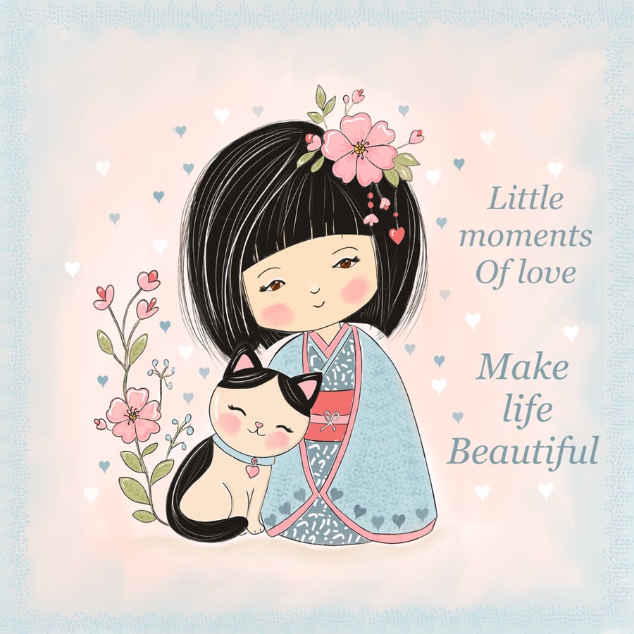 Kokeshi Girl & Cat Art Print - Little Moments of Love - Japanese whimsical 