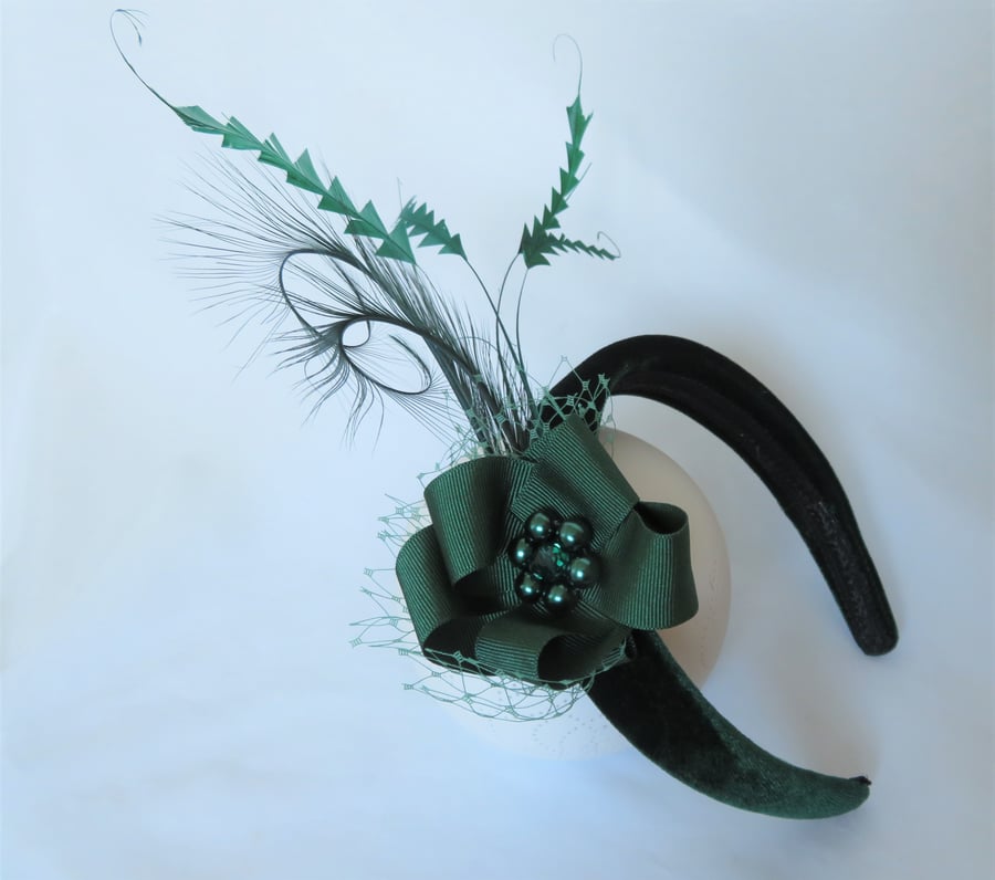 Bottle Green Feather Vintage Velvet Padded Headband 