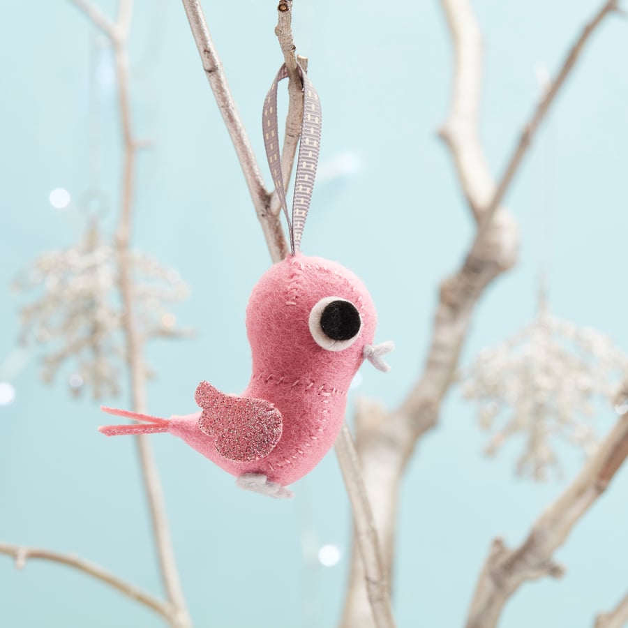Pink bird Christmas tree decoration with pink glitter wings