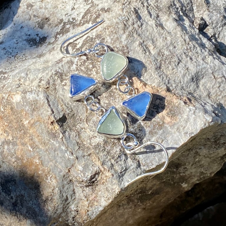 Blue & Seafoam Sea Glass Sterling Silver Double Drop Earrings - 1373