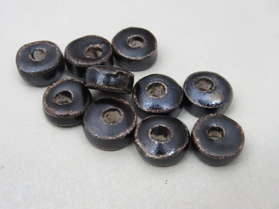 10 Small Dark Earth Glazed Ceramic Washer Beads