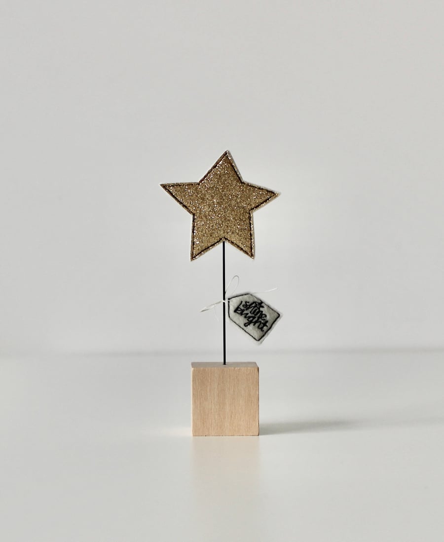 'Shine Bright' - Star with a Wire Stem and Wooden Block