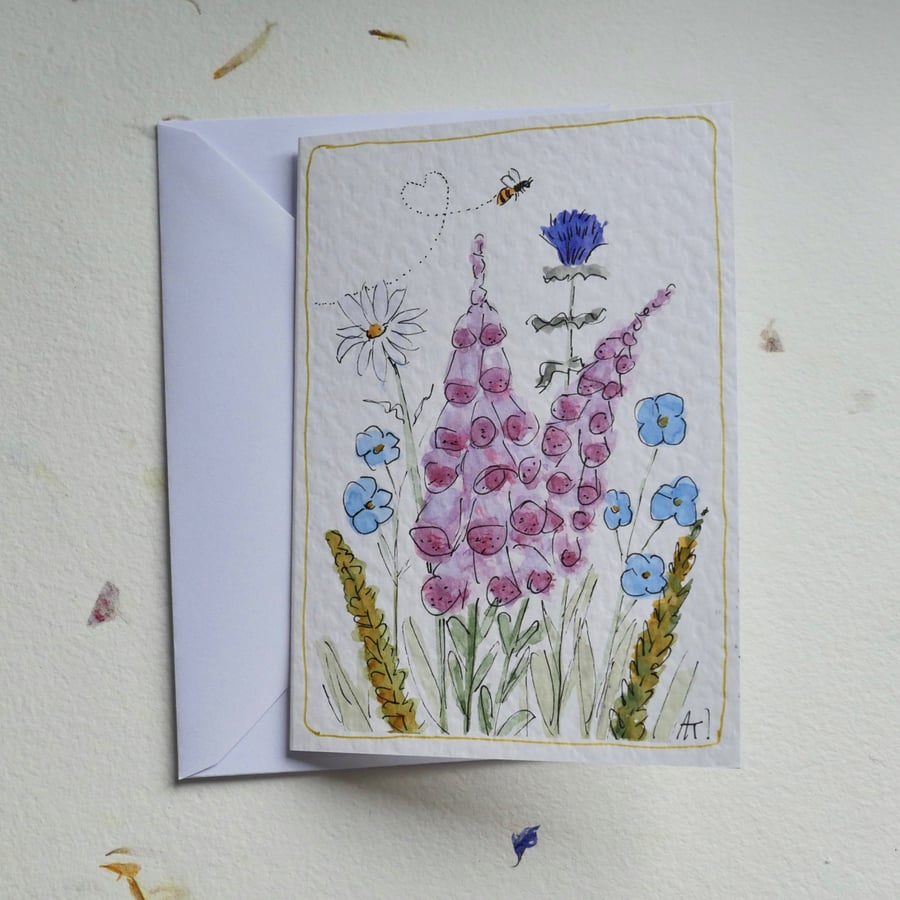 One of a Kind Hand Painted Floral A6 Greetings Card with Envelope - Blank inside