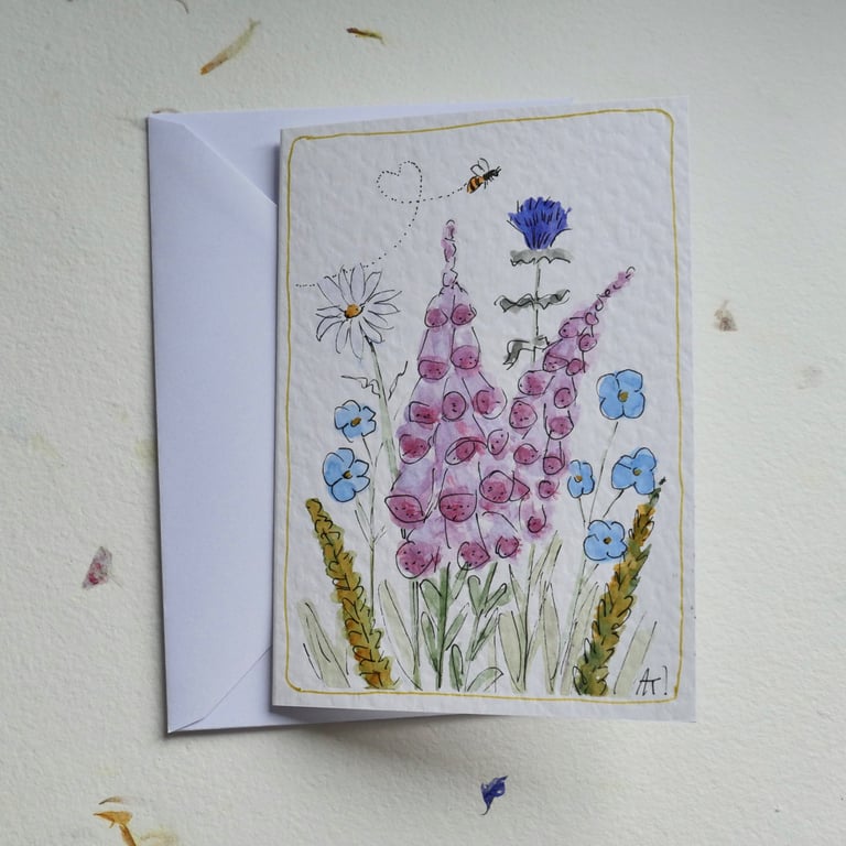 One of a Kind Hand Painted Floral A6 Greetings Card with Envelope - Blank inside