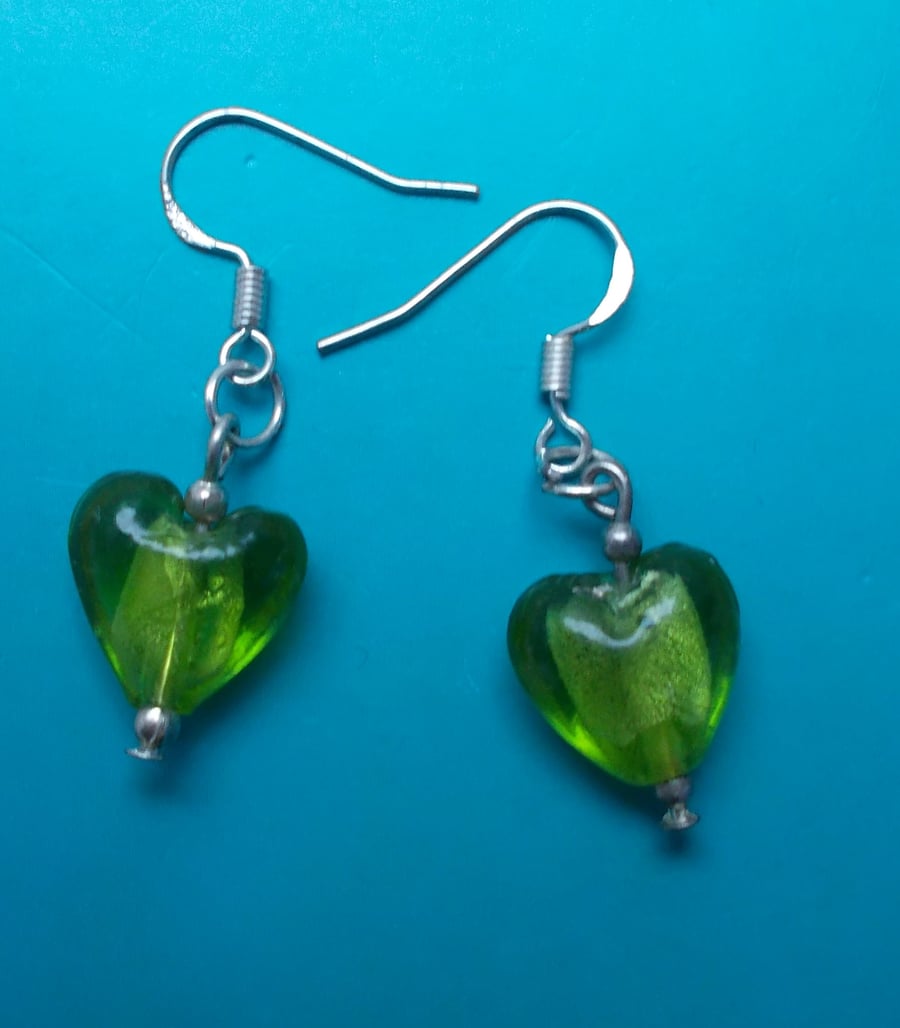 Gorgeous Green Glass Heart Earrings