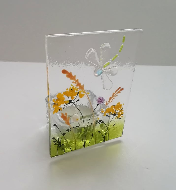 Dragonfly tea light holder, fused glass, candle holder. 