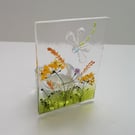 Dragonfly tea light holder, fused glass, candle holder. 