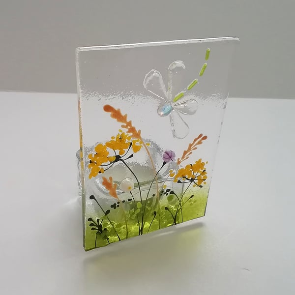 Dragonfly tea light holder, fused glass, candle holder. 