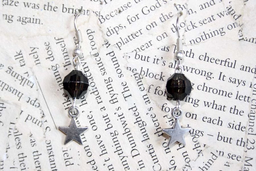 Black Bead Silver Star Dangle Hook Earrings