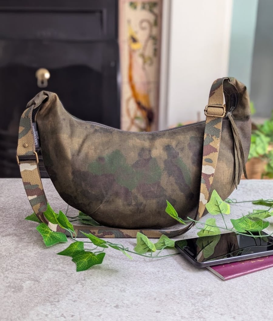 Waxed Cotton Canvas Camo Sling or Dumpling Bag. Camouflage Cross Body Bag