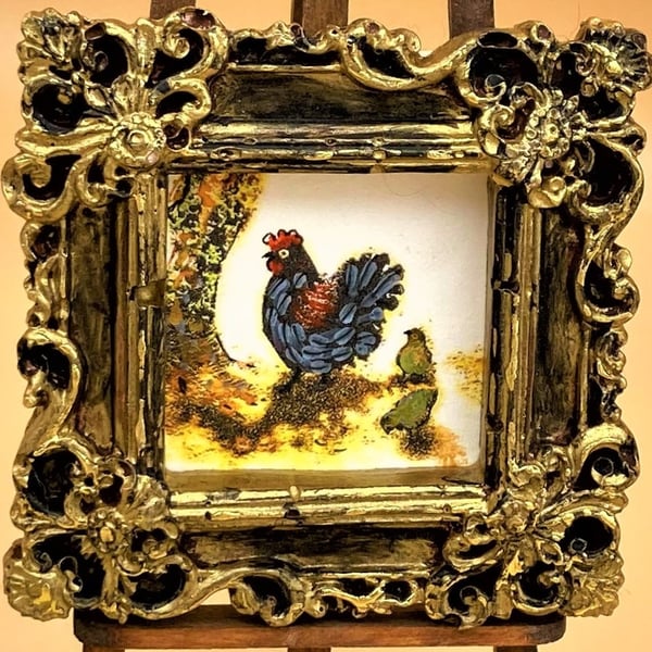 Mother Hen & chicks, Tiny Framed mini PRINT, Artist signed, original gift.  