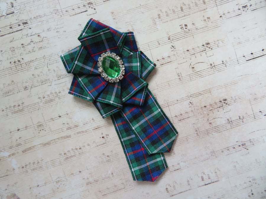 MacKenzie Tartan Ruffle Rosette and Emerald Green Crystal Rhinestone Brooch Pin 