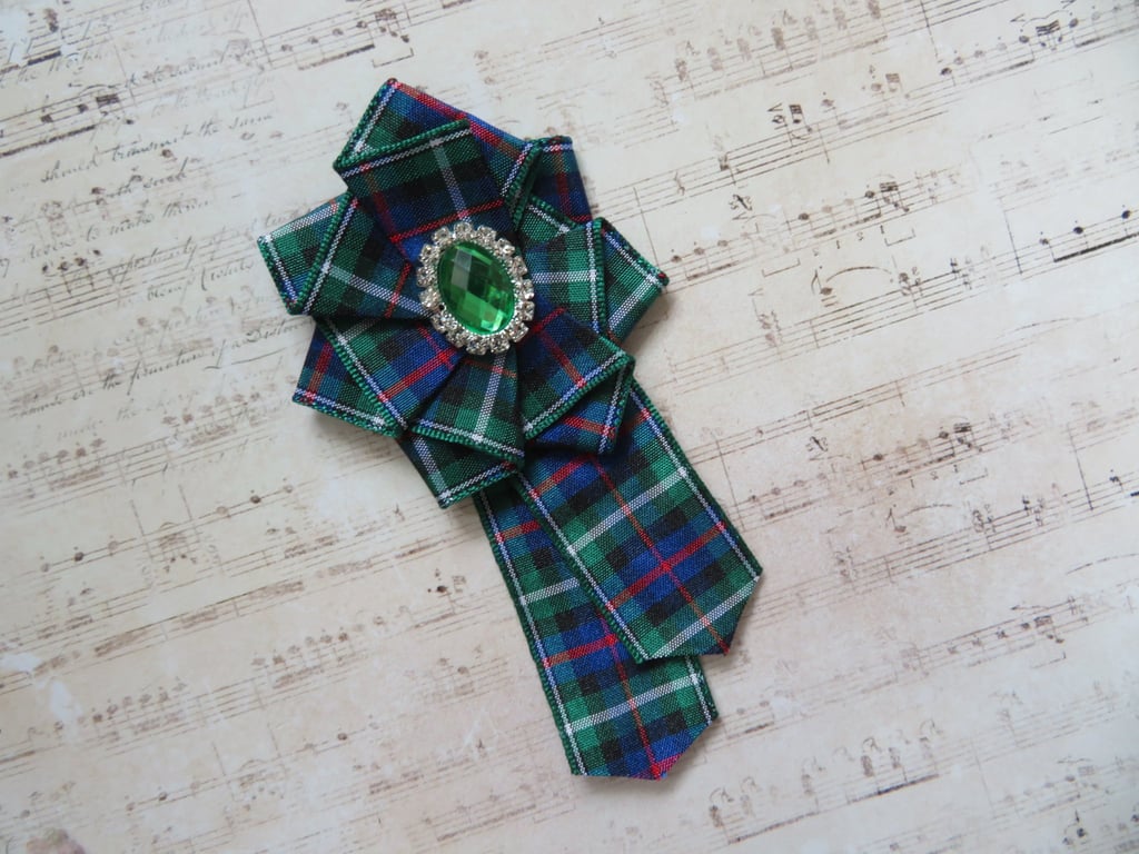 MacKenzie Tartan Ruffle Rosette and Emerald Green Crystal Rhinestone Brooch Pin 