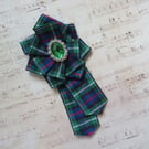 MacKenzie Tartan Ruffle Rosette and Emerald Green Crystal Rhinestone Brooch Pin 