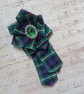 MacKenzie Tartan Ruffle Rosette and Emerald Green Crystal Rhinestone Brooch Pin 