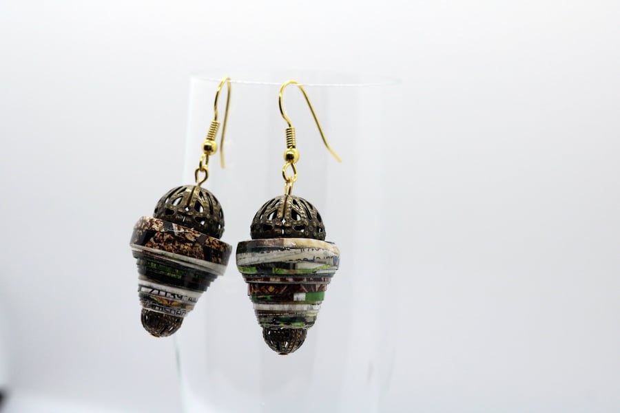 Conical Paper bead earrings with ornate brass metal bead