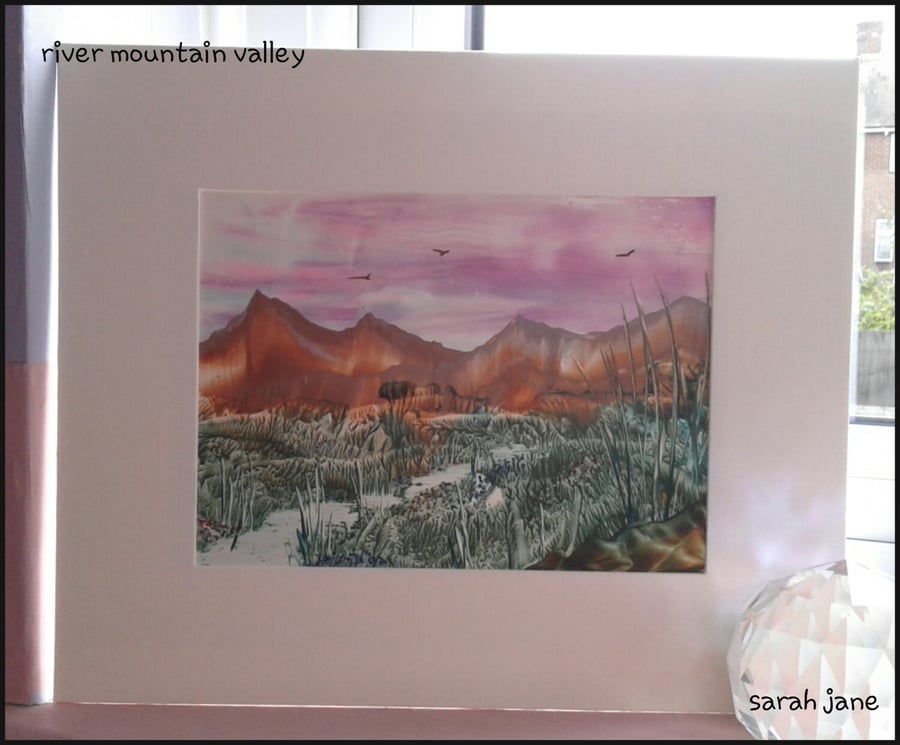 River Mountain Landscape Original Encaustic Art Painting