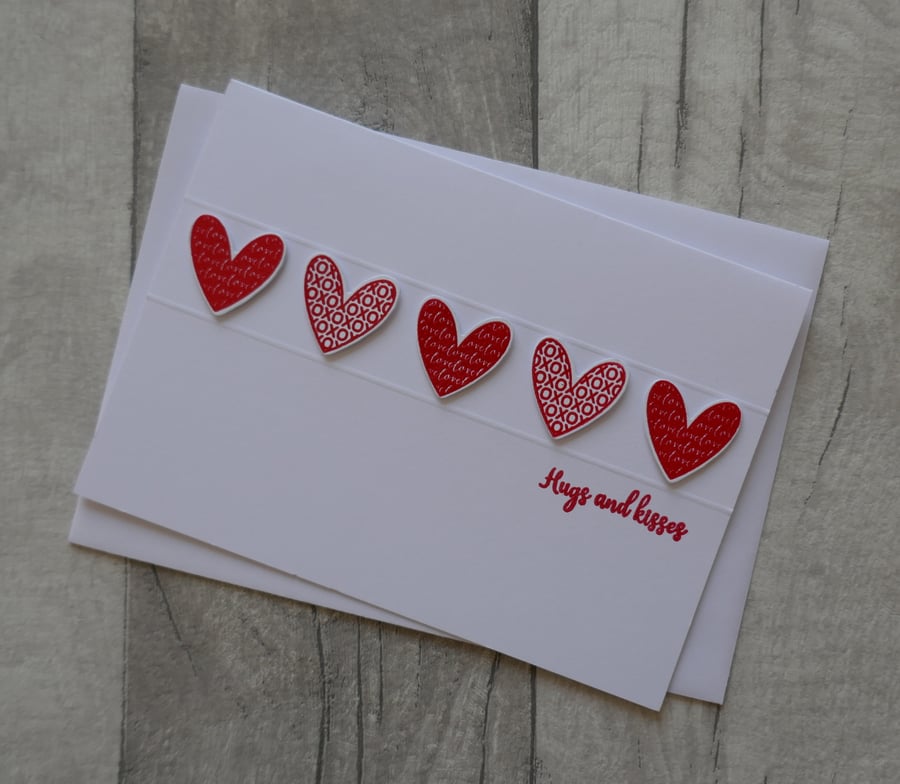 Bright Red Embossed Hearts - Hugs and Kisses - Anniversary or Wedding Card