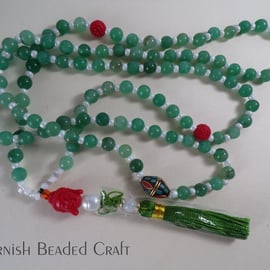 Stunning 108 Mala Necklace with Tassel, Natural Green Aventurine Beads 