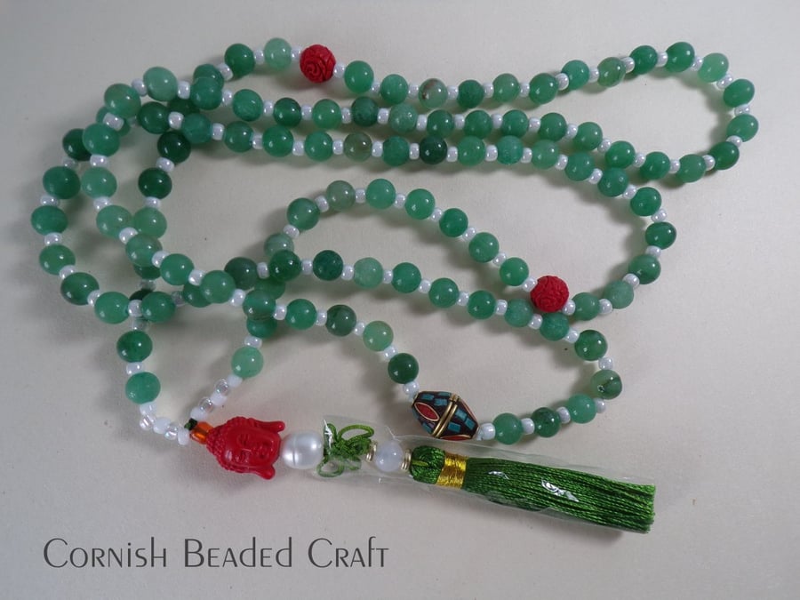 Stunning 108 Mala Necklace with Tassel, Natural Green Aventurine Beads 
