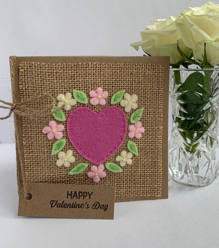 Handmade Valentines card. Rose pink heart and flowers, wool felt. Keepsake card.
