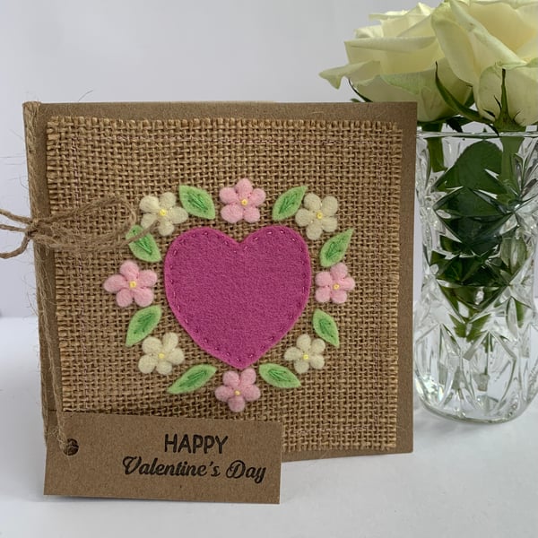 Handmade Valentines card. Rose pink heart and flowers, wool felt. Keepsake card.