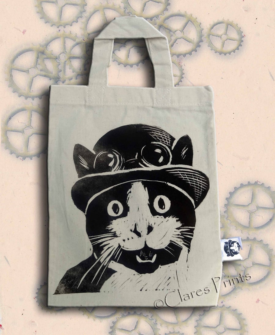 Steampunk Cat Tote Hand Printed Mini Tote Shopping Bag