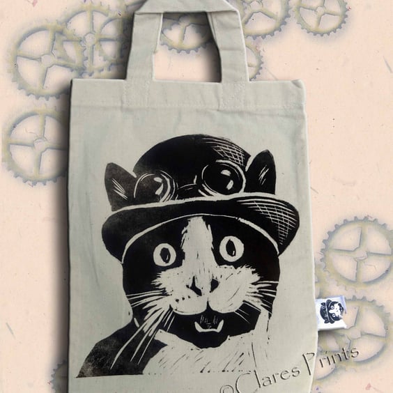 Steampunk Cat Tote Hand Printed Mini Tote Shopping Bag