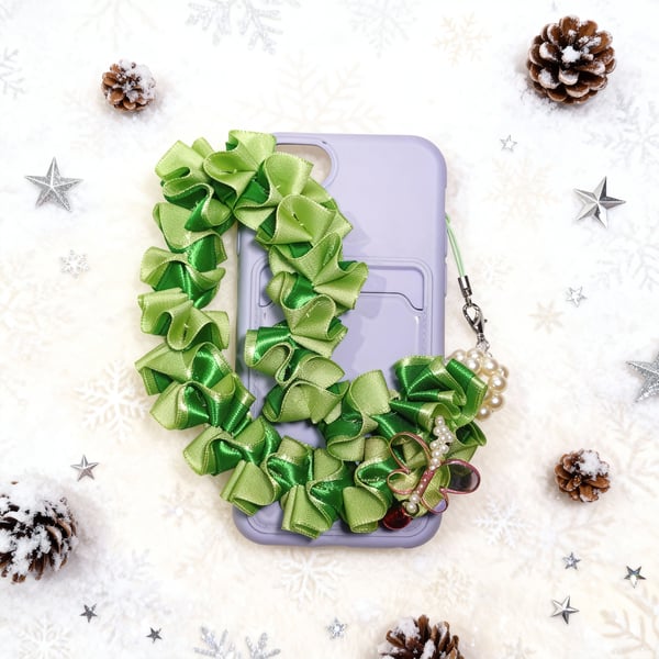 Handmade Green Satin Ribbon Phone Strap with Pearls, Seed Beads & Red Bell Charm