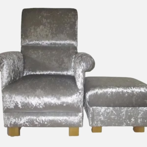 Silver Grey Velvet Chair Adult Armchair & Footstool Nursery Accent Pouffe Small