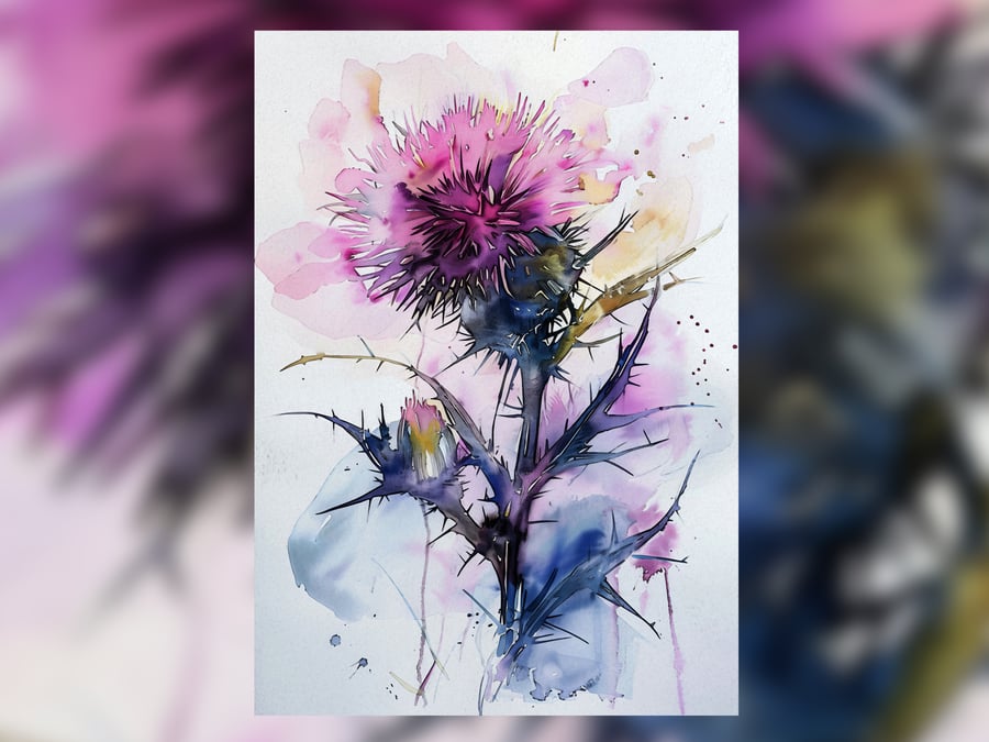 Beautiful Thistle Flower, Watercolor Painting Print 5"x7" on Matte Paper