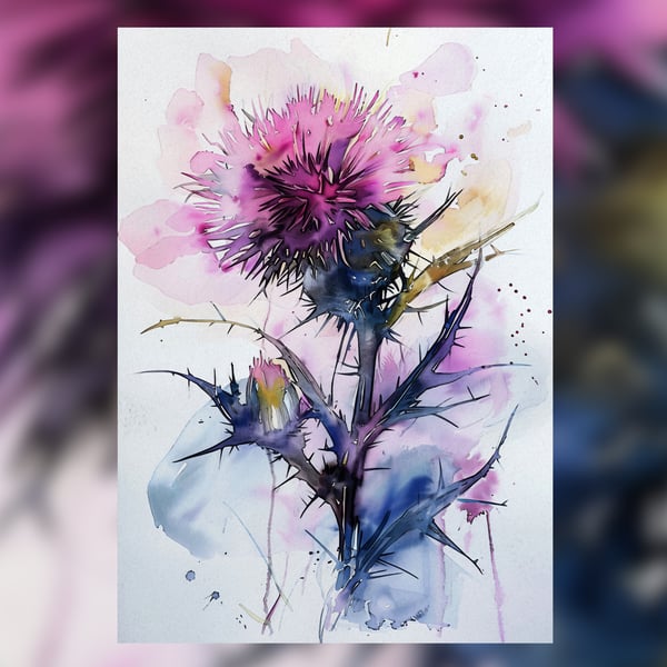 Beautiful Thistle Flower, Watercolor Painting Print 5"x7" on Matte Paper