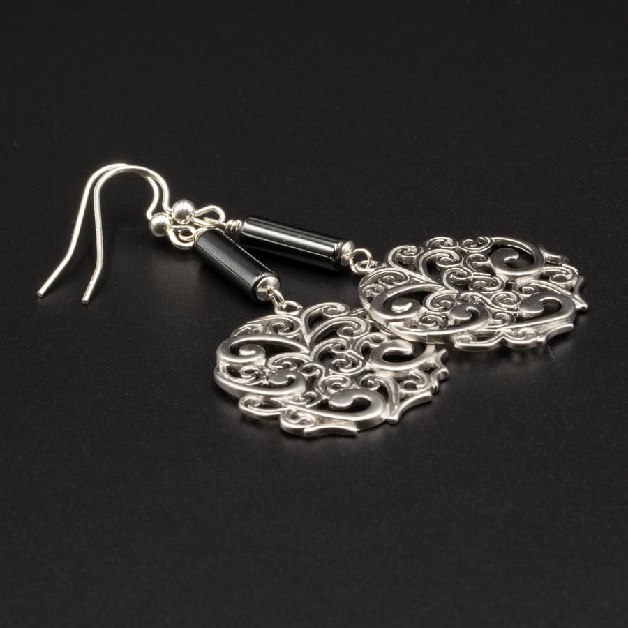 Silver filigree and hematite earrings, Aquarius gift