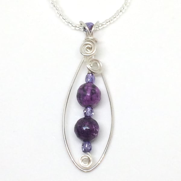 Sale - Sterling Silver Pendant with Purple Jasper and Crystal Beads